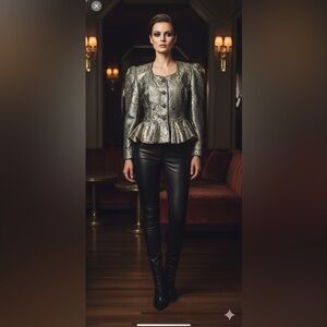 Vintage‎ 90s Escada Brocade Rococo Gold Metallic Peplum Avant Garde Blazer 42